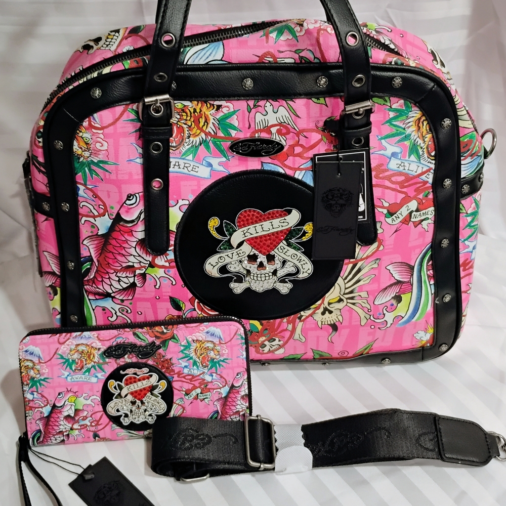 Ed Hardy Vibrant Pink and Black Travel Bag Set